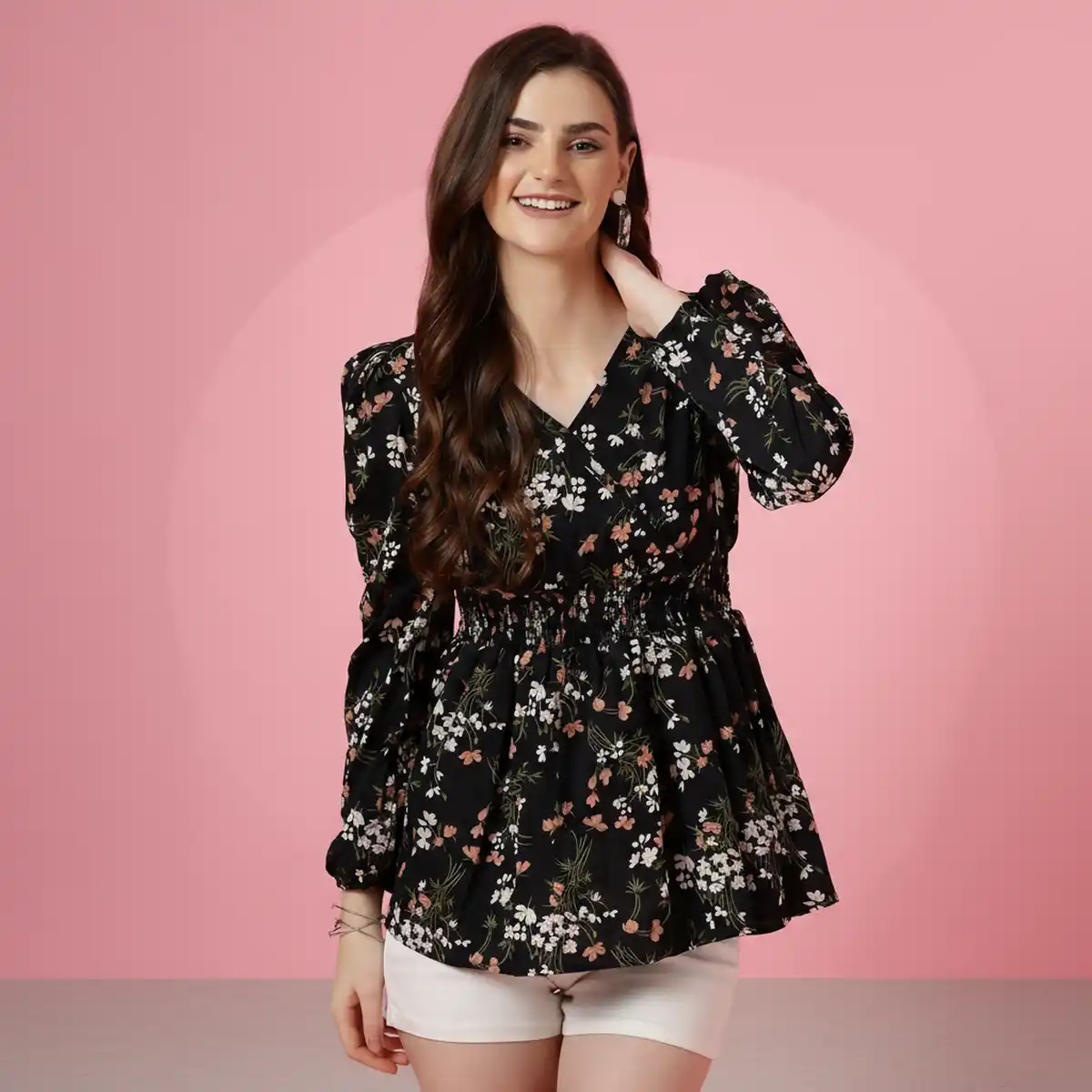 Sheetal Associates-Women's Floral V neck Top Regular Fit Contemporary