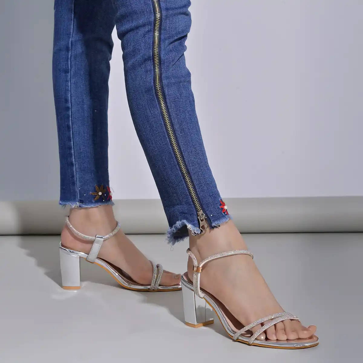 Shoetopia-Heels For Women's With Rhinestones Strap Casual Heel - Image 2